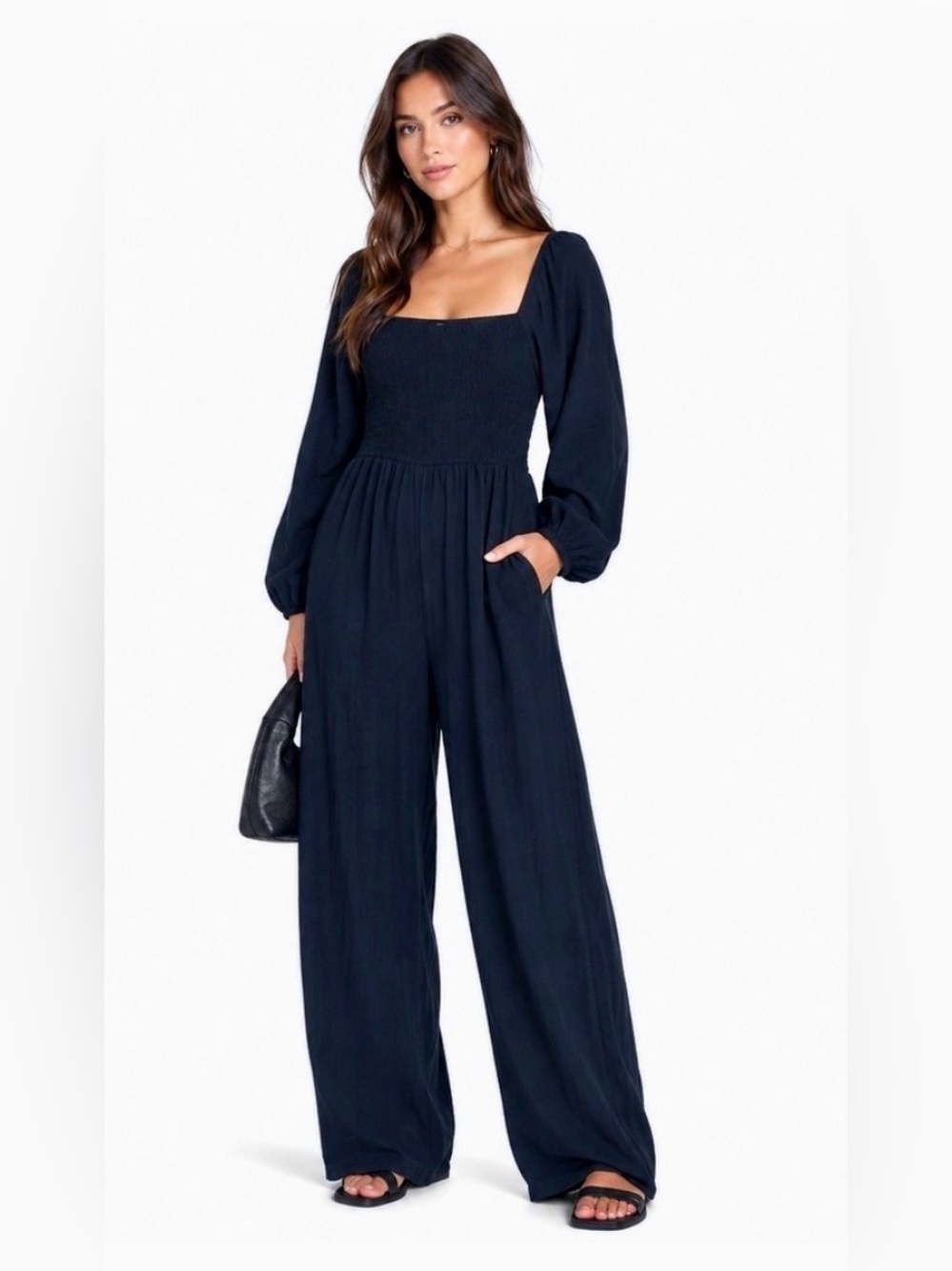 NWOT Dokotoo Wide Leg Smocked Square Neck Jumpsuit – Black – Size Large💛